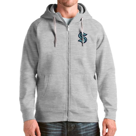 Men's Antigua Heathered Gray Seattle Kraken Logo Victory Full-Zip Hoodie