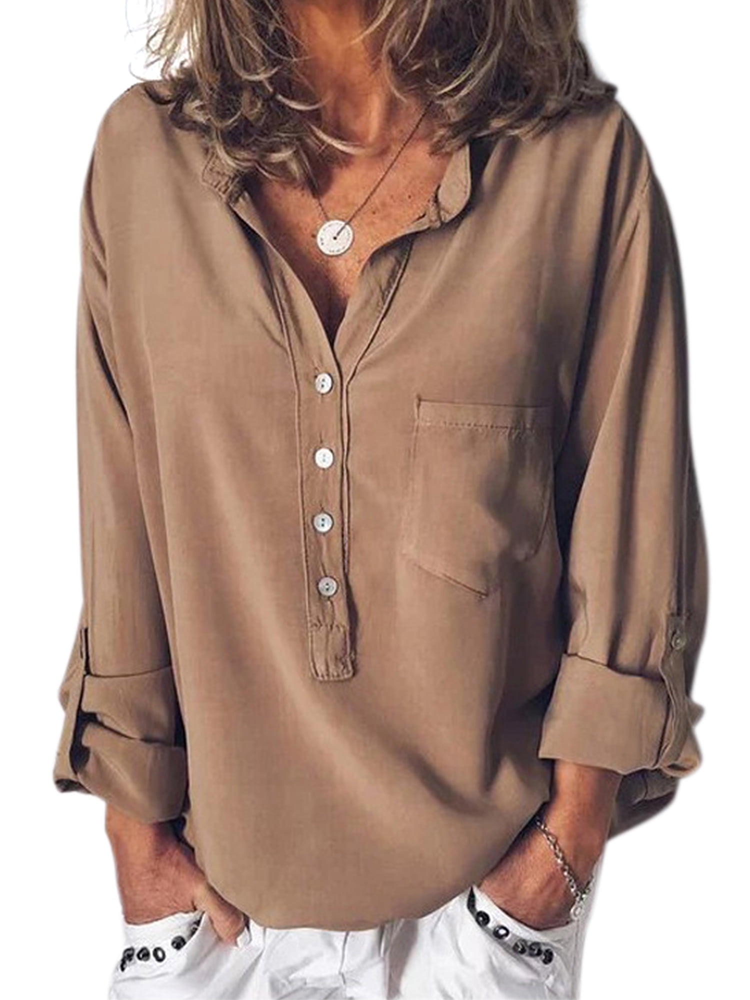 Womens Shirt T Shirt Summer Tops Long Sleeve Casual Fashion Solid Button Blouses