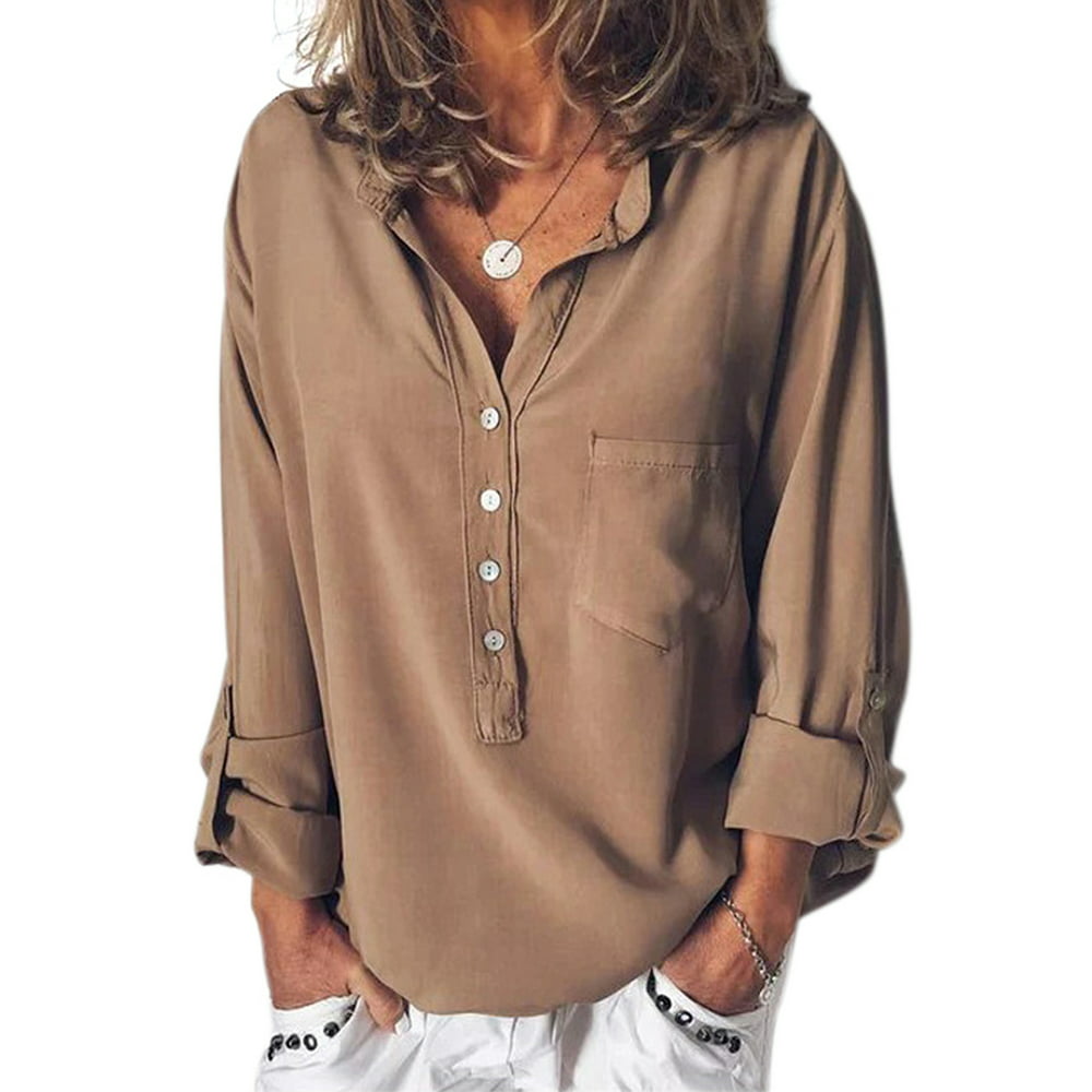 NEWTECHNOLOGYY - New Women's V Neck Blouse Long Sleeve Solid Plain ...