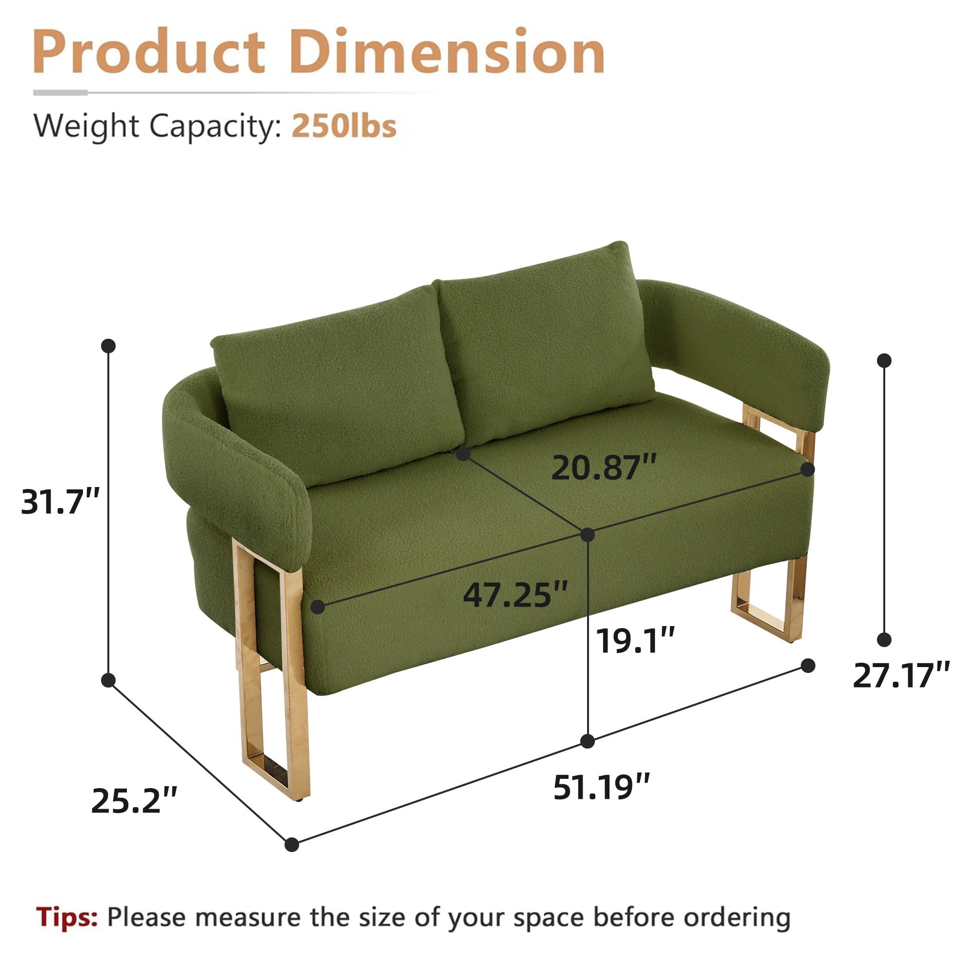 51" Small Sofa Couch Comfy Modern Teddy Upholstered 2-Seater Love Seats for Apartment,Bedroom,Office,Green