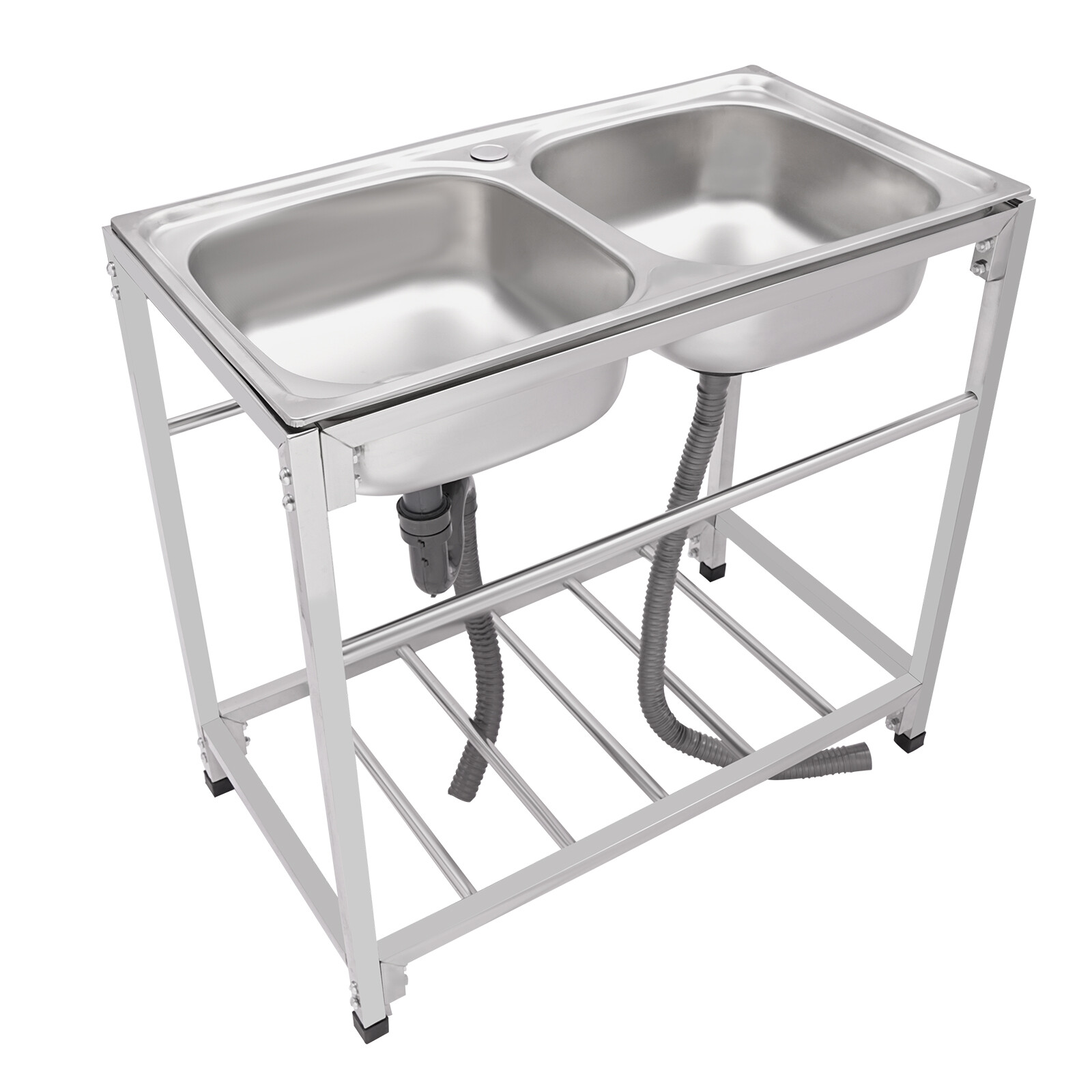 Commercial Stainless Steel Sink, Kitchen Freestanding Double Bowl Utility Sink Silver 32.7*17.3*30.3in for Stores, Garages, Utility Rooms, Kitchens