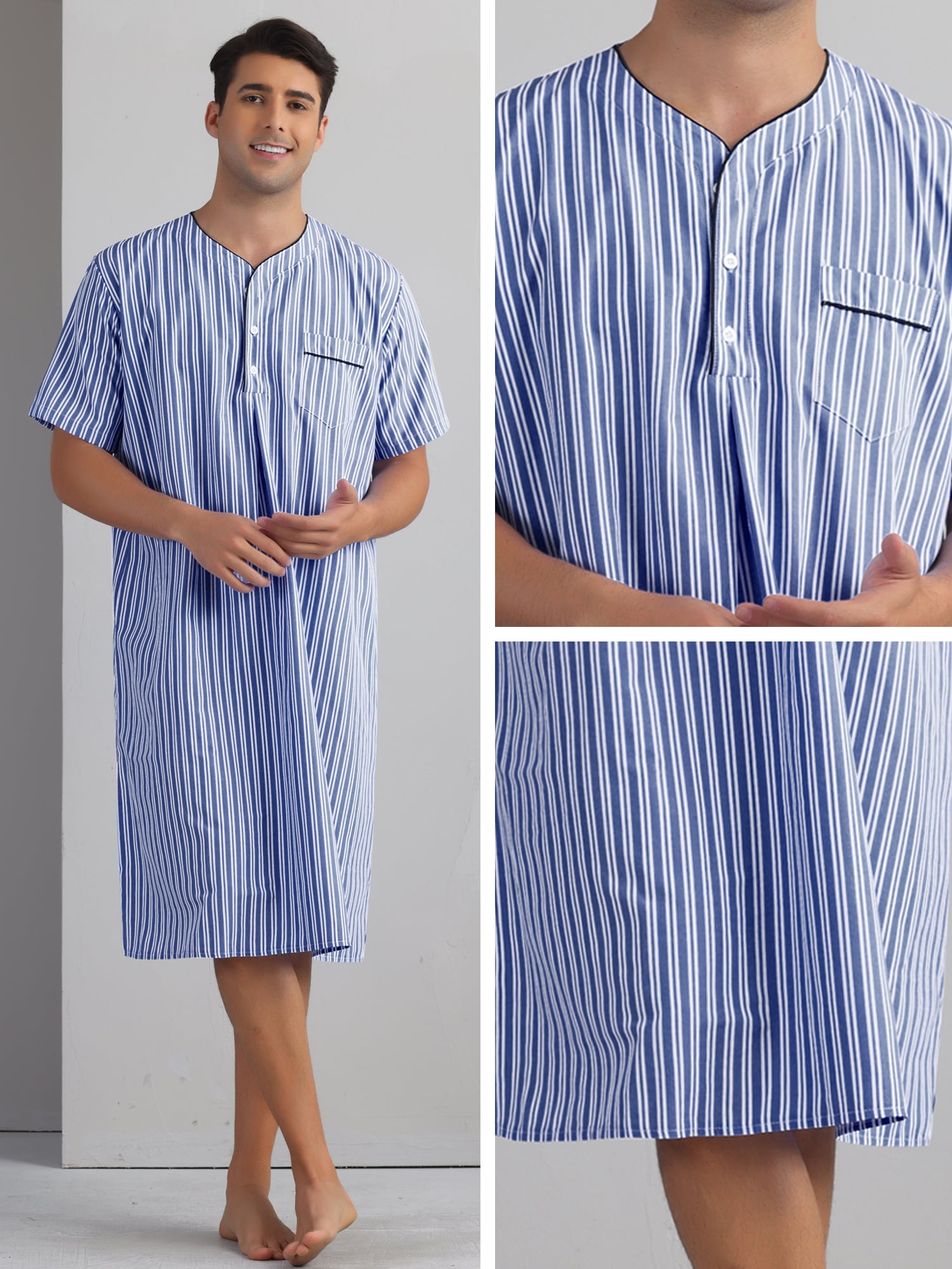 DARING DIVA Men's Short Sleeve Striped V-Neck Button Down Sleep Gown M Dark Blue