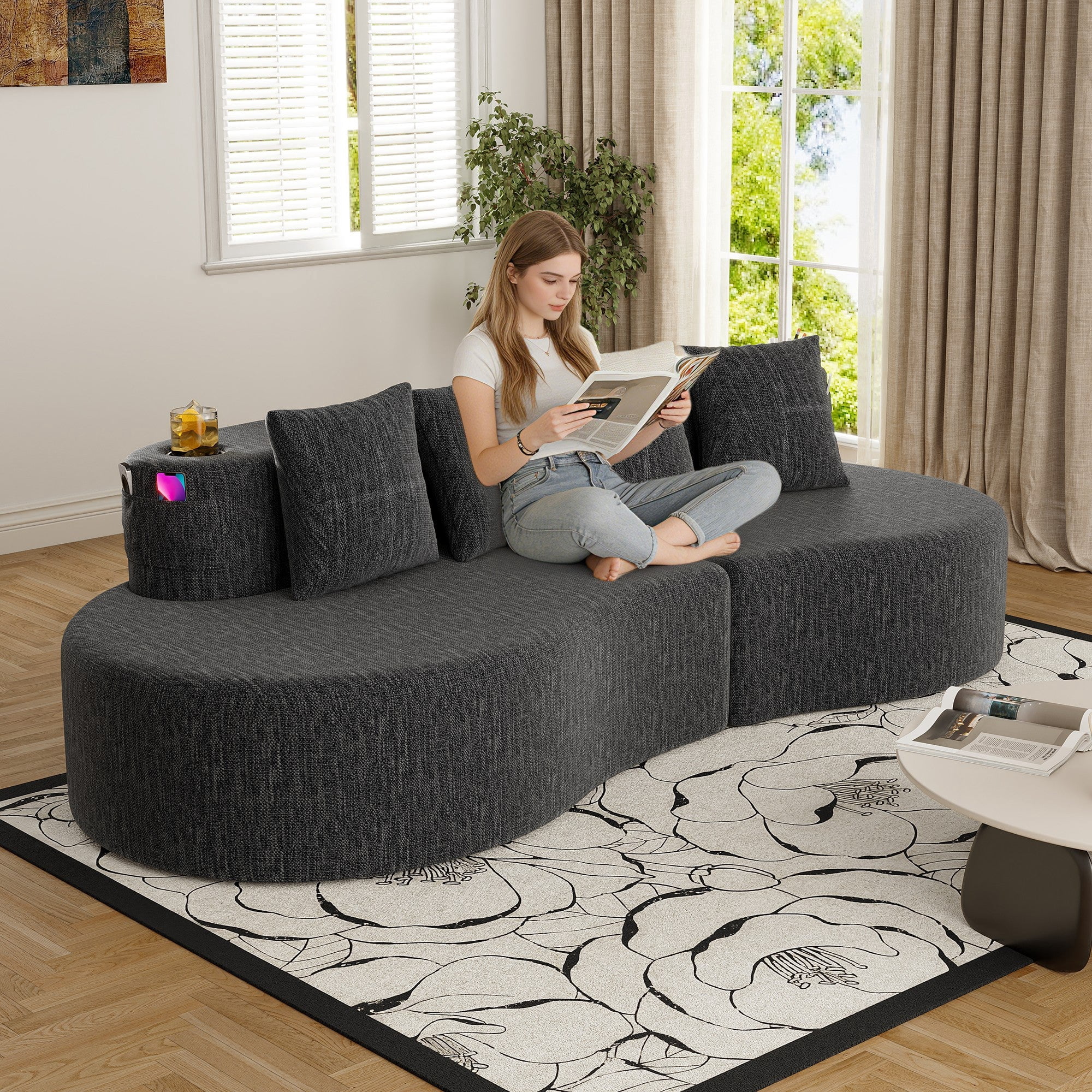 Sailvan Modern Curved Sectional 3 Seat Sofa,Minimalist Half Moon Modular Couch for Living Room,Office and Apartment,Soft Chenille Fabric Dark Gray
