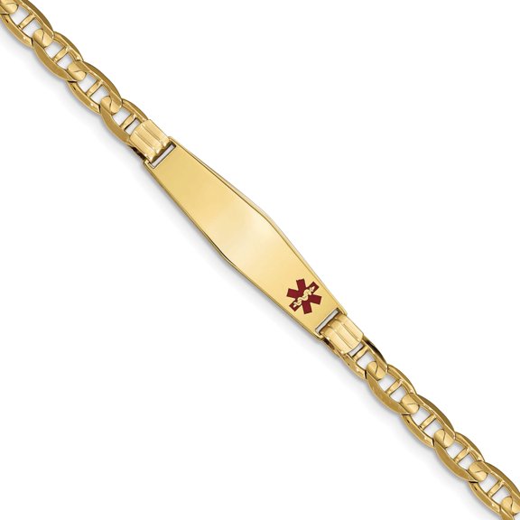 14K Medical Soft Diamond Shape Red Enamel Anchor Link ID Bracelet (Weight: 11.86 Grams, Length: 7 Inches)