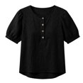 thumbnail image 3 of Womens Linen Cotton Blouses Summer Casual Boho Short Puff Sleeve Button Down Henley Shirts (Black M), 3 of 4