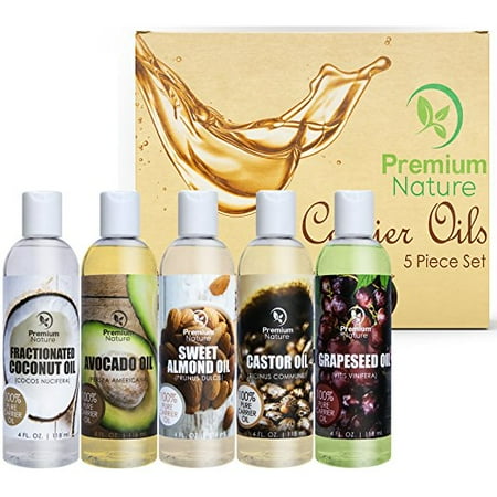 Escentual Coconut - Premium Nature 5 Piece Essential Oil Set, Coconut Oil, Castor Oil, Grapeseed Oil, Avocado Oil and Sweet Almond Oil, 4 fl oz Each