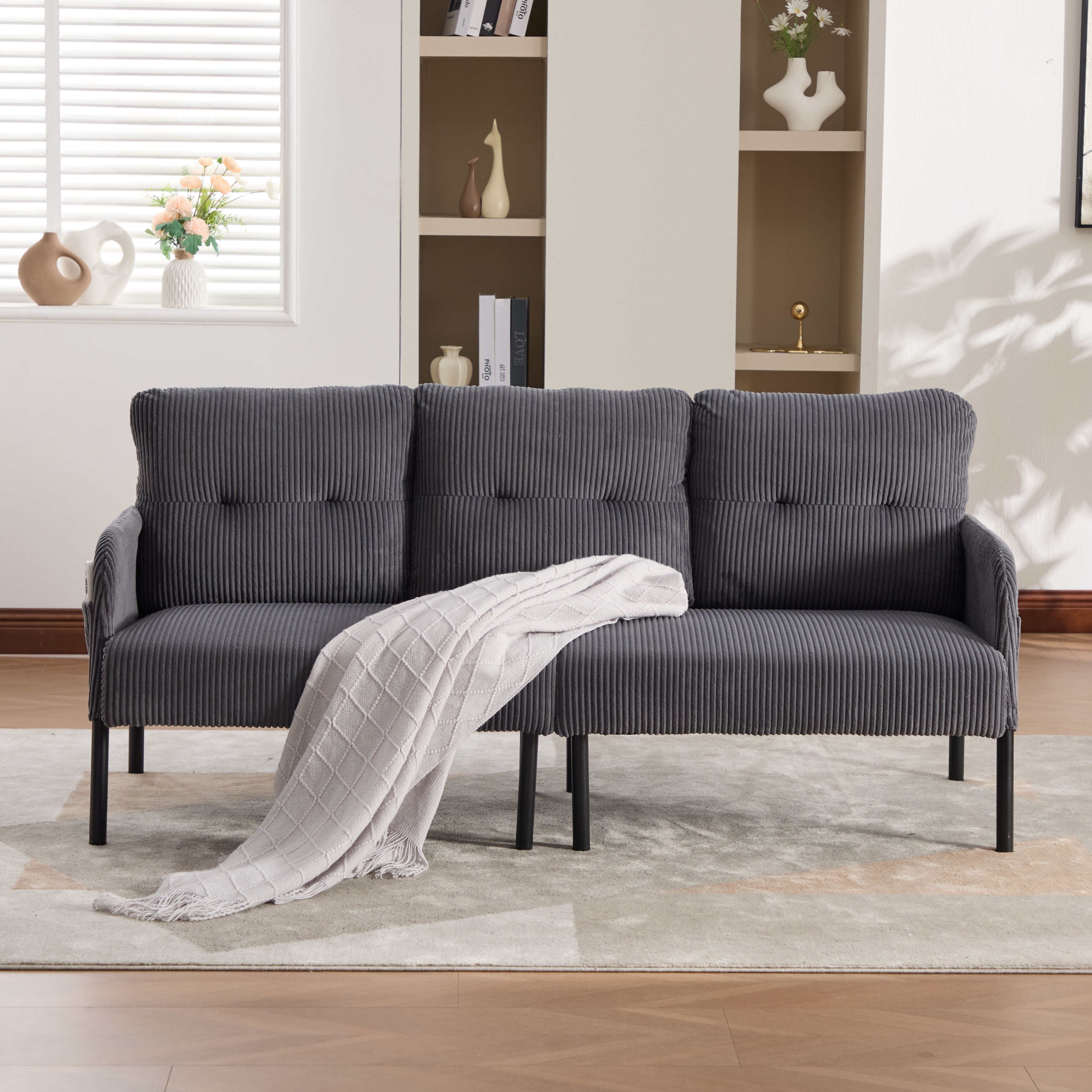 S-HOME Modern Plush Corduroy Upholstered Loveseat with Dual Side Pockets and Metal Legs, Sofa for Apartment, Carbon Gray