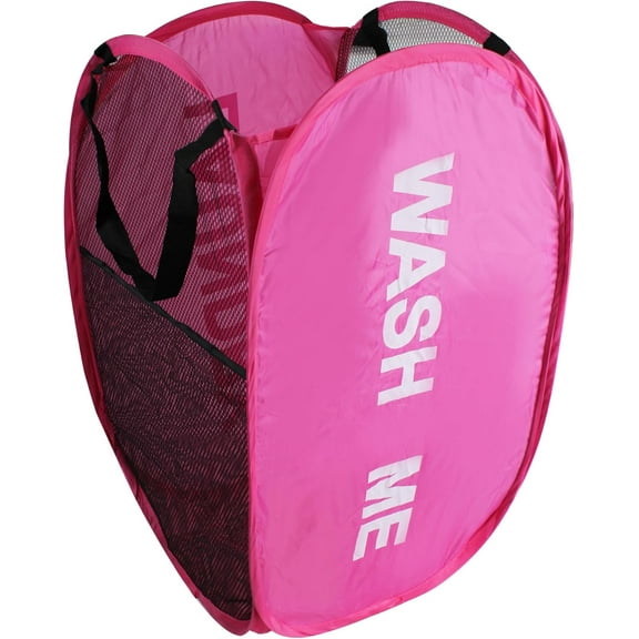 Pop Up Laundry Hamper Collapsible Laundry Basket Mesh Foldable Pink Dirty Clothes Hamper with Handles for Home, Bathroom, Bedroom, Travel, Cruise