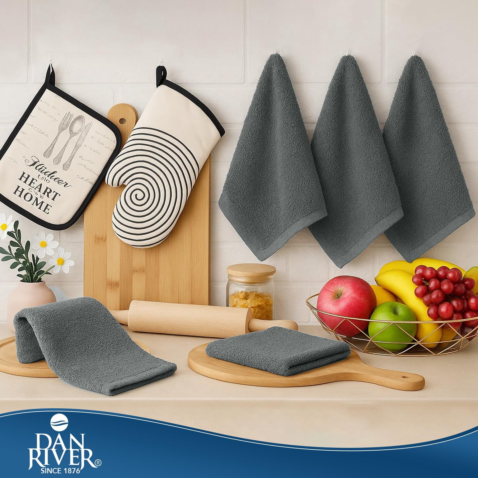 Dan River Bulk Cotton Bar Mop Kitchen Towels, Super Absorbent, Reusable Cleaning Cloths, Gray, 16x19 in (Pack of 12)