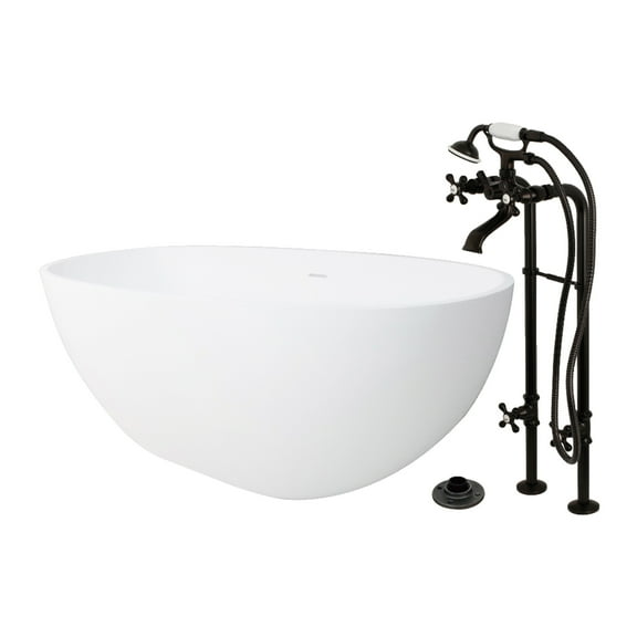 Kingston Brass KRTRS6531266K5 65" Solid Surface Oval Double Ended Freestanding Tub with Faucet Combo and Drain, Oil Rubbed Bronze