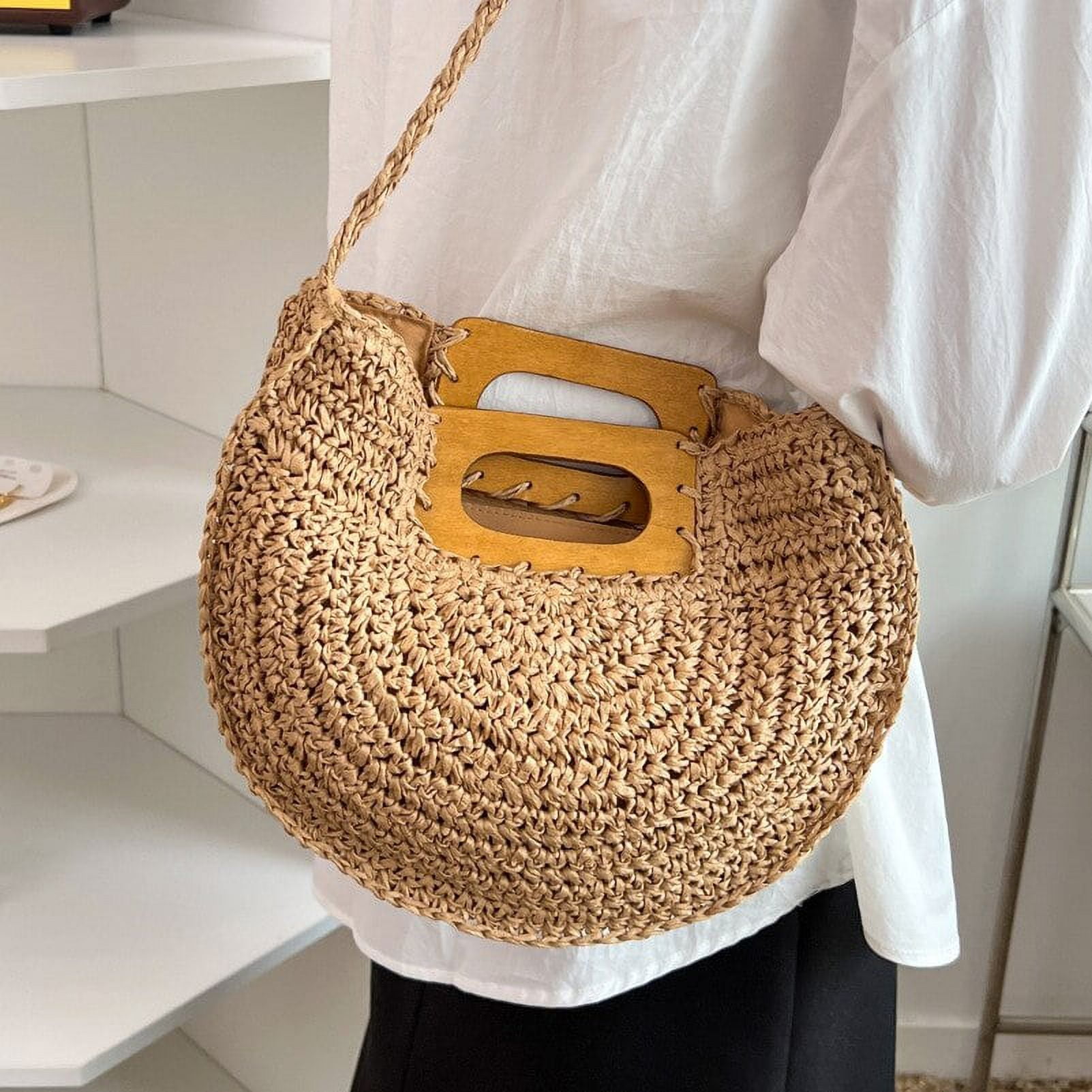 Straw bag with wooden handles sales