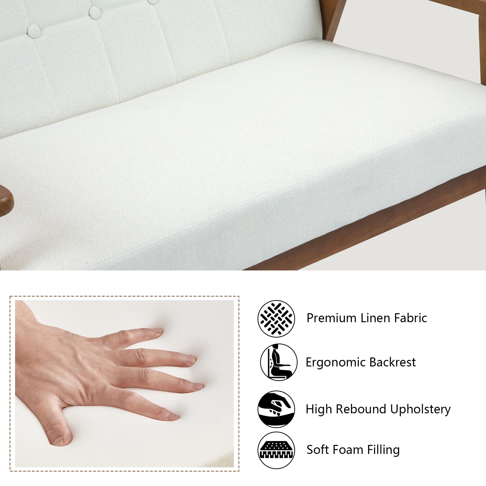 Miniyam Mid Century Modern Loveseat,2-Seat Linen Fabric Upholstered,Reading Couch,Accent Sofa,White