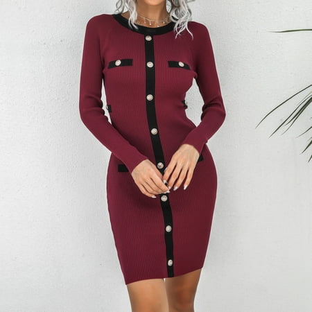 Herrnalise Women s Basic Versatile Stretchy Flared Casual Mini Skater Skirt Women Fashion Casual Pullover Long-Sleeved Knitted Jumpsuit Bag Hip Skirt