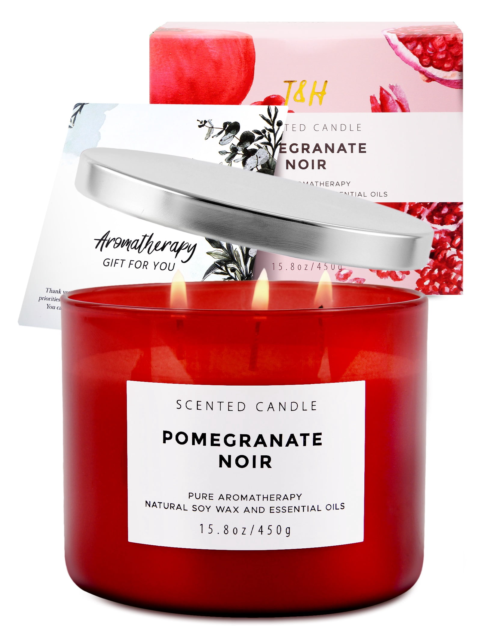 Pomegranate Noir Aromatherapy Candle 3 Wick Large Soy Scented Candles for Men and Women 15.8 Oz