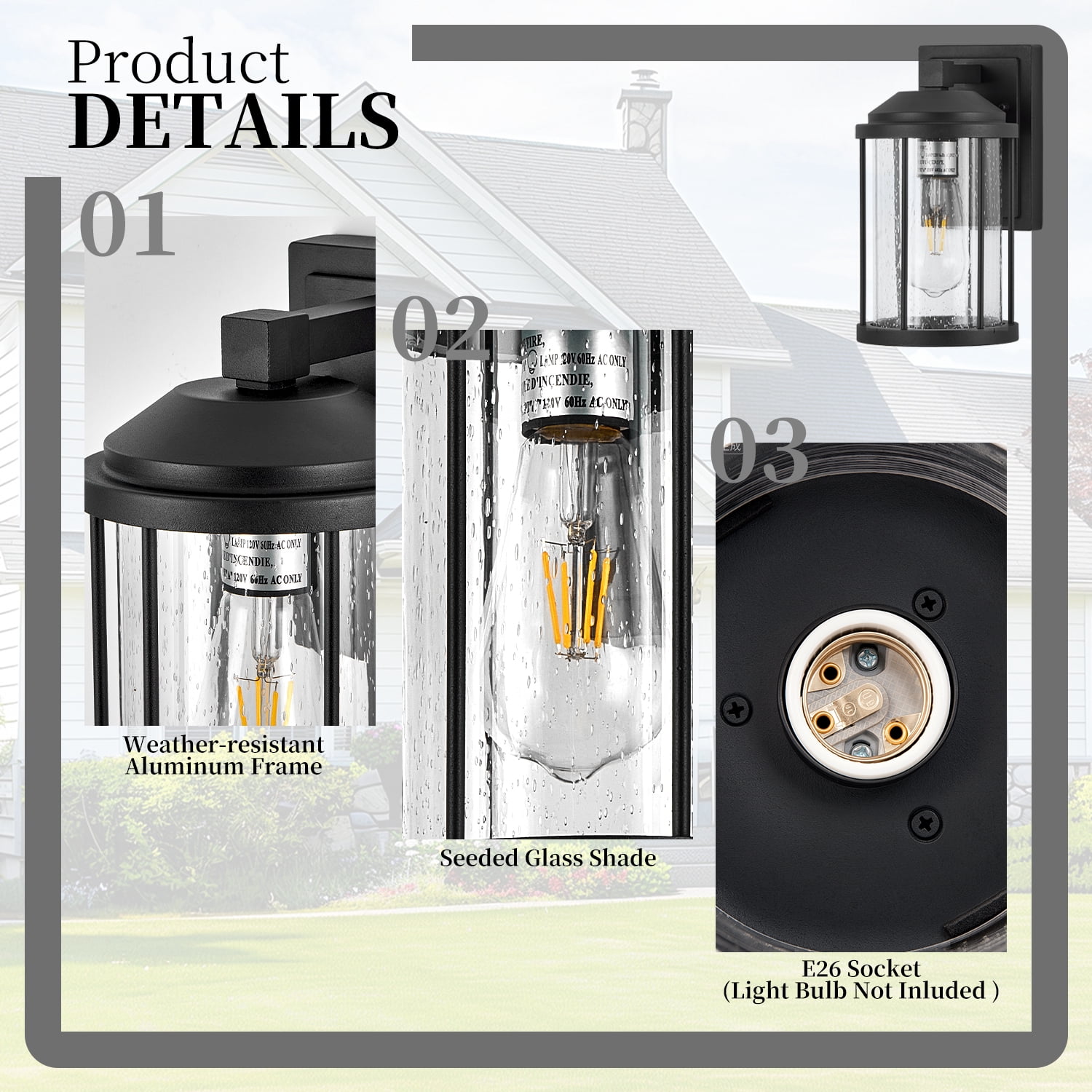 Set of 2 Outdoor Wall Sconces with Seeded Glass and Black Finish, Exterior Porch Lanterns for House and Garage, Black