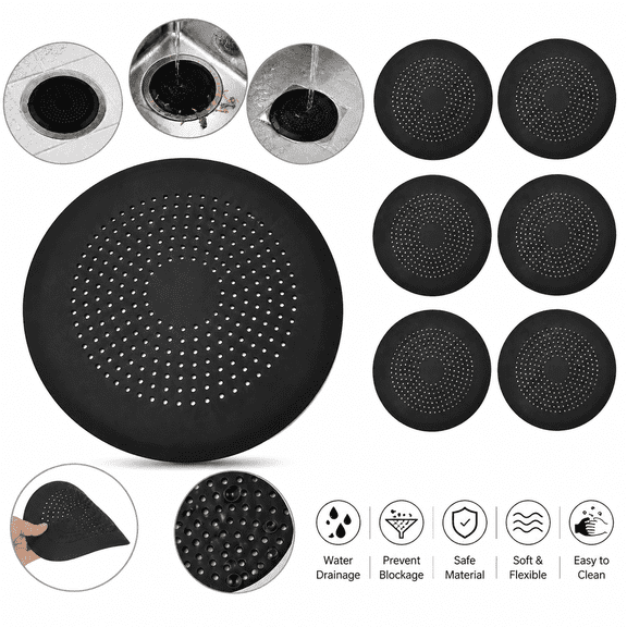 6 Pack Black Silicone Shower Drain Hair Catcher, Suction Cup Drain Cover, Reusable Drain Strainer Hair Stopper for Bathroom, Bathtub and Kitchen Sink