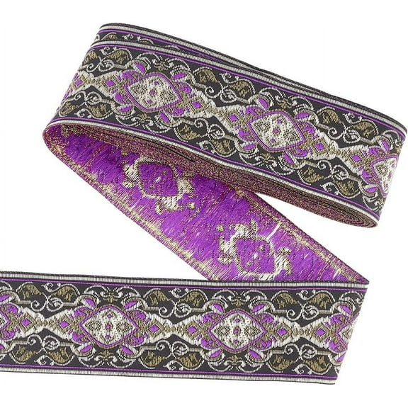 1roll 7.7 yard 1.9 inch Black Purple Vintage Jacquard Ribbon Dark Orchid Flower Pattern Embroidery Woven Trim Ethnic Polyester Fabric Trim Retro Tyrolean Ribbon for Clothing and Craft Decor