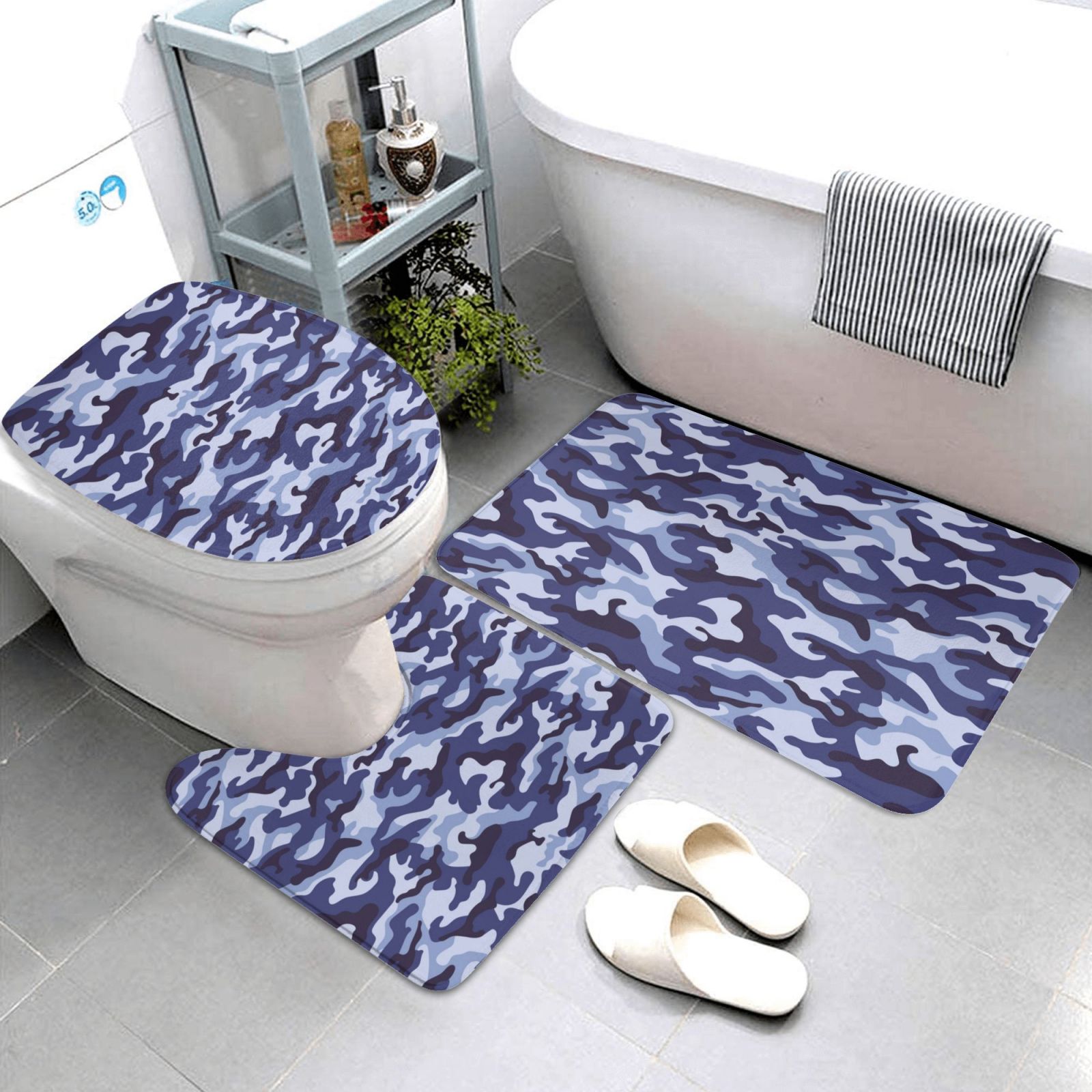 Bathroom Rugs Sets 3 Piece - Camouflage Blue Absorbent Non Slip Bath Mats, U-Shape Toilet Lid Cover, Contour Mat, Soft Washable Shower Mats Bath Rug Mat for Bathroom Tub Toilet