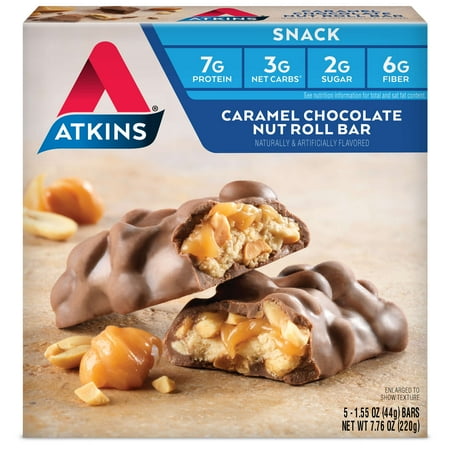Atkins Caramel Chocolate Nut Roll Bar, 1.55oz, 5-pack (Snack
