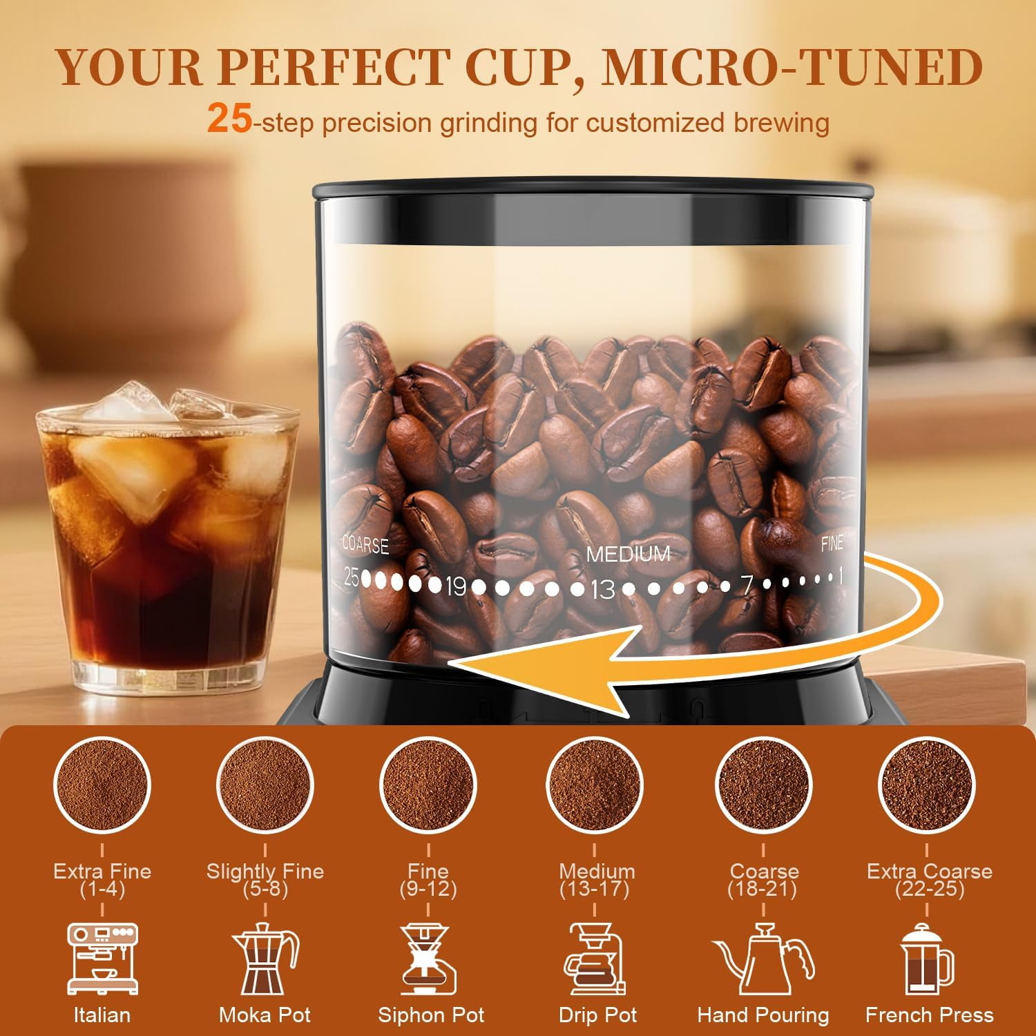 Conical Burr Electric Coffee Grinder with Touchscreen - 25 Settings, Precision Timer, Anti-Static Stainless Steel
