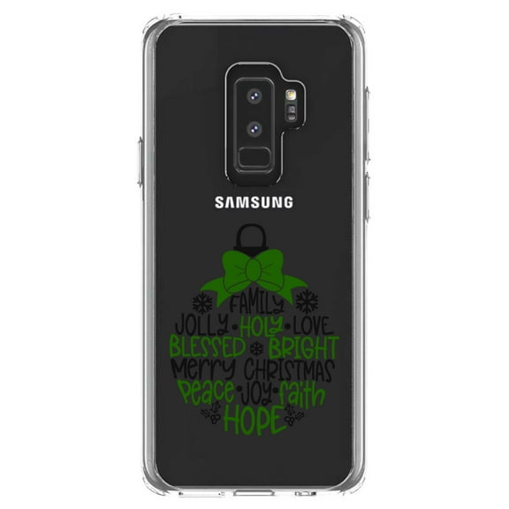 DistinctInk Clear Shockproof Hybrid Case for Samsung Galaxy S9  PLUS (6.2" Screen) - TPU Bumper Acrylic Back Tempered Glass Screen Protector - Christmas Words Ornament Black Green