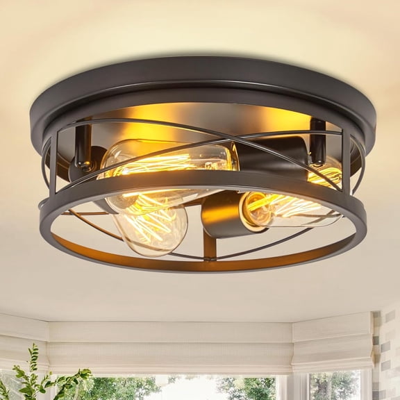 Farmhouse Ceiling Light Fixtures Black Flush Mount Ceiling Light 3-Light Vintage Kitchen Light Fixtures Metal Cage Ceiling Lights for Bedroom, Living Room, Hallway, Foyer(E26 Base)