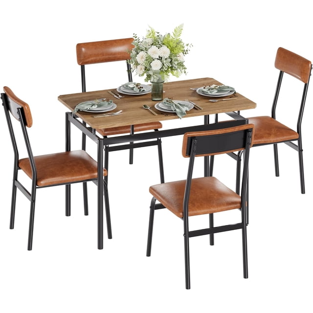 Brown 5 - piece dining mesa set: wood kitchen mesa con 4 forrado sillas, space - saving design, faux leather cushions, moderno rectangular mesa con metal frame para small dining rooms