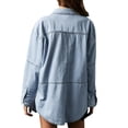 thumbnail image 2 of Women V Neck Denim Pullover Casual Button Up Top Loose Fit Long Sleeve Denim Jacket with Pockets, 2 of 3