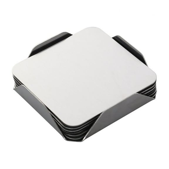 6 Pcs Stainless Steel Coasters Set Square Non-slip Heat Resistant Cup Mats Table Placemats with Base Holder (8.5X8.5CM)