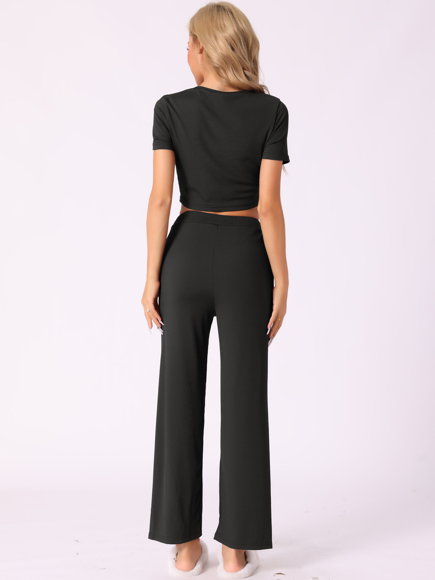 DARING DIVA Women's Short Sleeve Crop Top and Pants Pajama Set XS Black