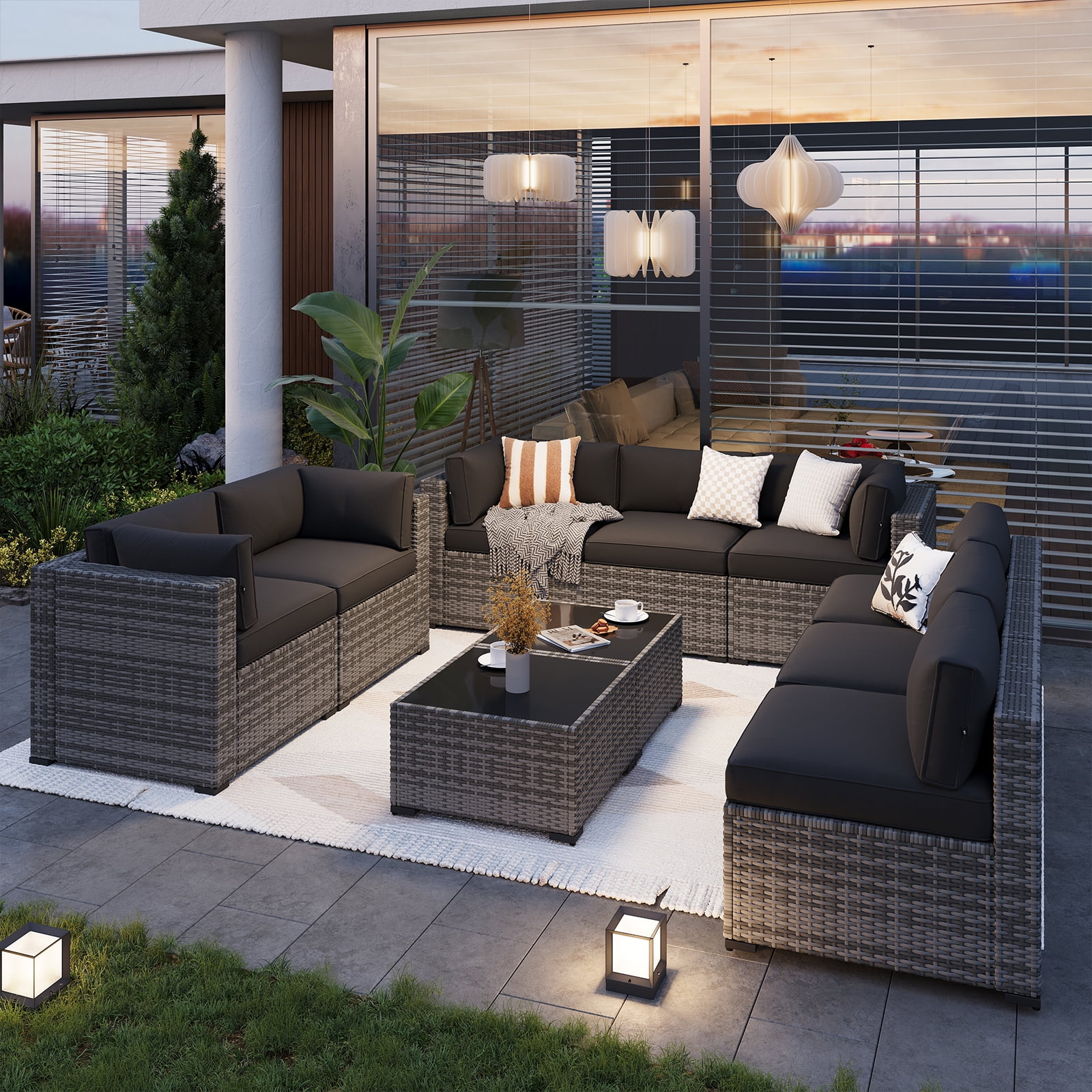 Aoxun 10 Piece Patio Furniture Set Wicker Rattan Patio Conversation Set Outdoor Sectional Sofa Set with Coffee Table and 4” Thickened Cushions, Black(Waterproof Cover Included)