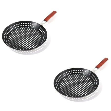 

2 Pack Grill Skillet with Foldable Wooden Handle Non-Stick Perforated Pan Pizza Grill Pan for Chapati Seafood