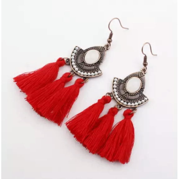 GKNET Fan Shape Drop Dangle Tassel Boho Vintage Fringe Water Drop Stud Charm Earrings-Red