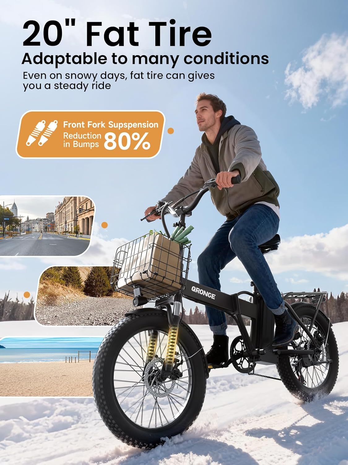 Folding Electric Bikes for Adults 1000W Peak Motor up to 70 Miles Range 28 mph Max Speed 20" x 3.0" Fat Tire Foldable Ebikes 48V 13.5AH Removable Battery 7-Speed E-Mountain Bikes, UL2849 by SGS
