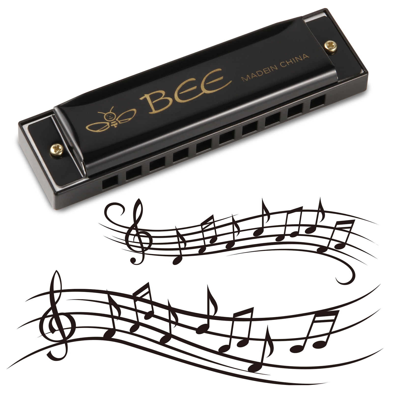 Kids Gift Black Adults Key of C for Beginner Harmonica 10 Holes 20 Tunes Mouth Organ Blues Deluxe Harmonica 
