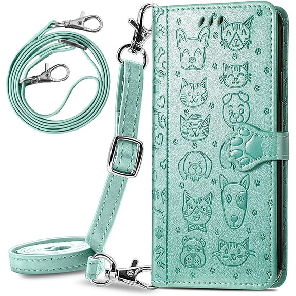 for Google Pixel 5a 5G Crossbody Cell Phone Wallet Case,Cute Cat Dog Cartoon Style Flip Phone Cover with Removable Lanyard Strap for Google Pixel 5a 5G MGG Green