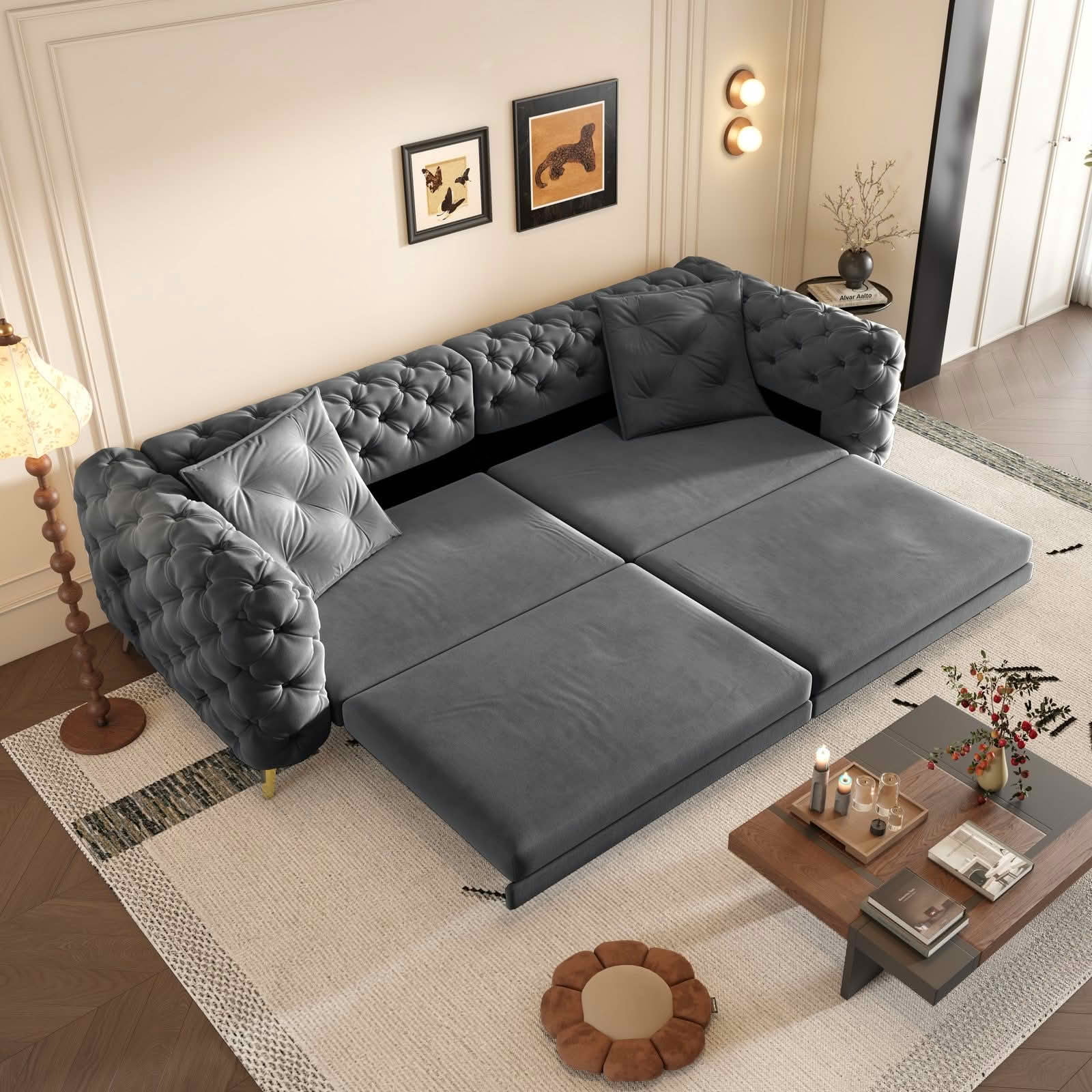 MAYEERTY 97.7" 3‑in‑1 Convertible Sleeper Sofa Bed, Deep‑Seat Tufted Velvet 4‑Seater Couch with Movable Ottoman, 2 Pillows Included