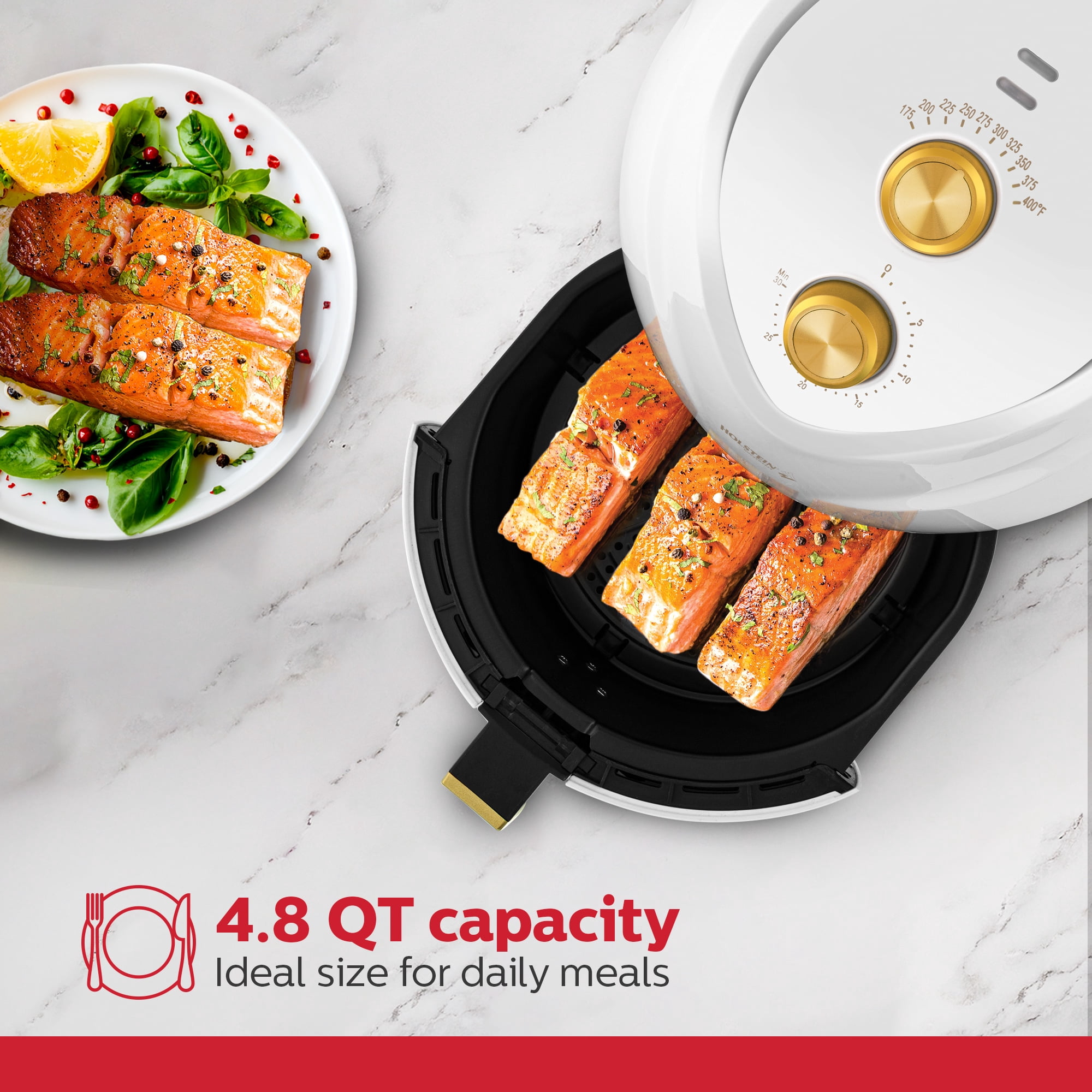 Holstein Housewares 4.8QT Air Fryer - Convenient and User Friendly with Optimal Cooking Functions to Fry, Bake, Grill and Roast, White and Gold