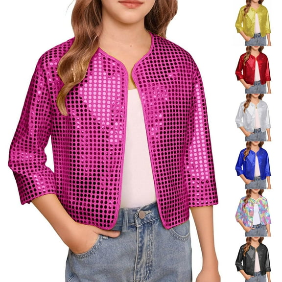 Hinvhai Girls Sequin Jacket Open Front Sparkly Cardigan Dress Coat Cropped Bolero Shrugs Silver 16-17Years
