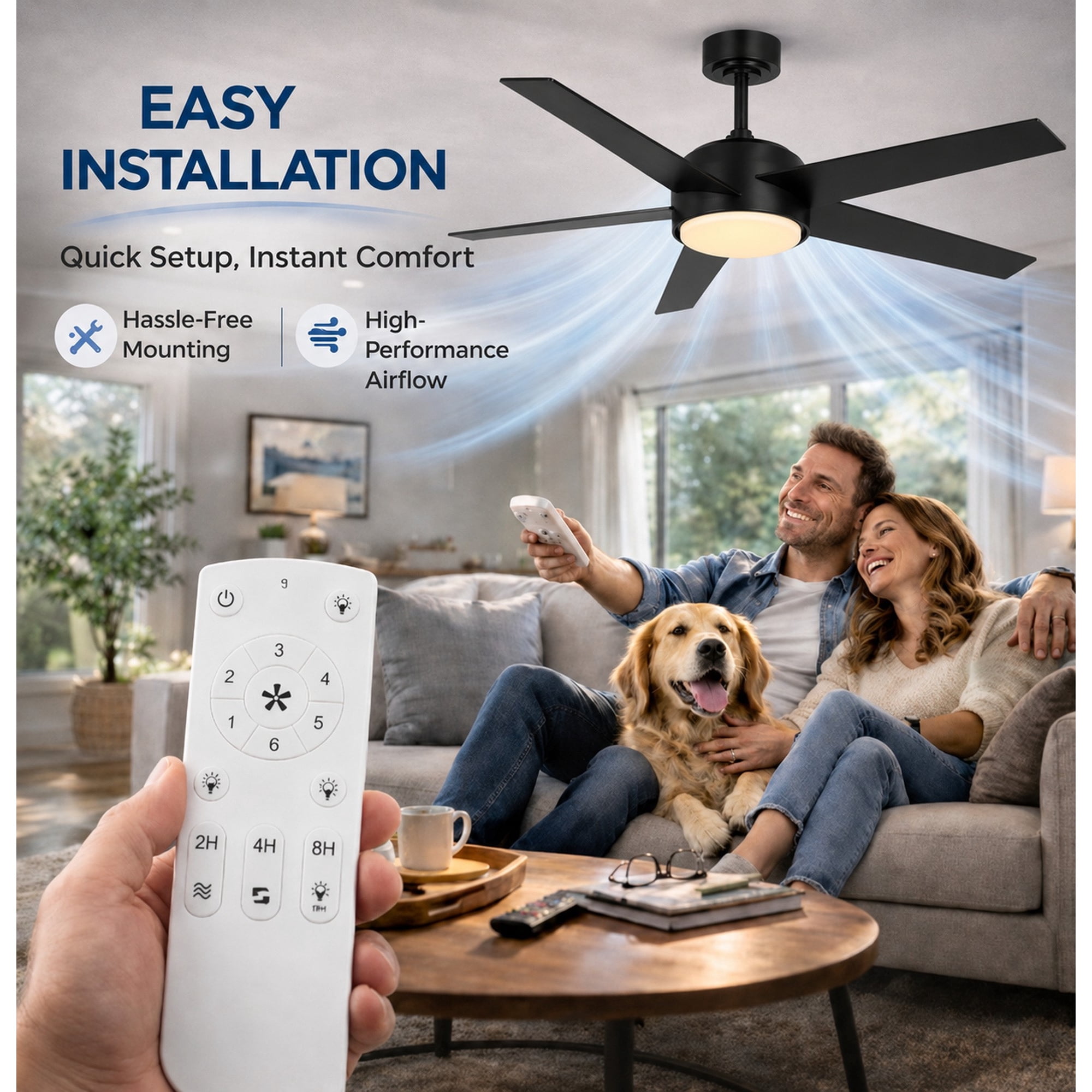 Mainstays 52-Inch Black Downrod DC Ceiling Fan with Integrated LED Light, Remote Control, 6 Speeds, and Fast-Install Blade System