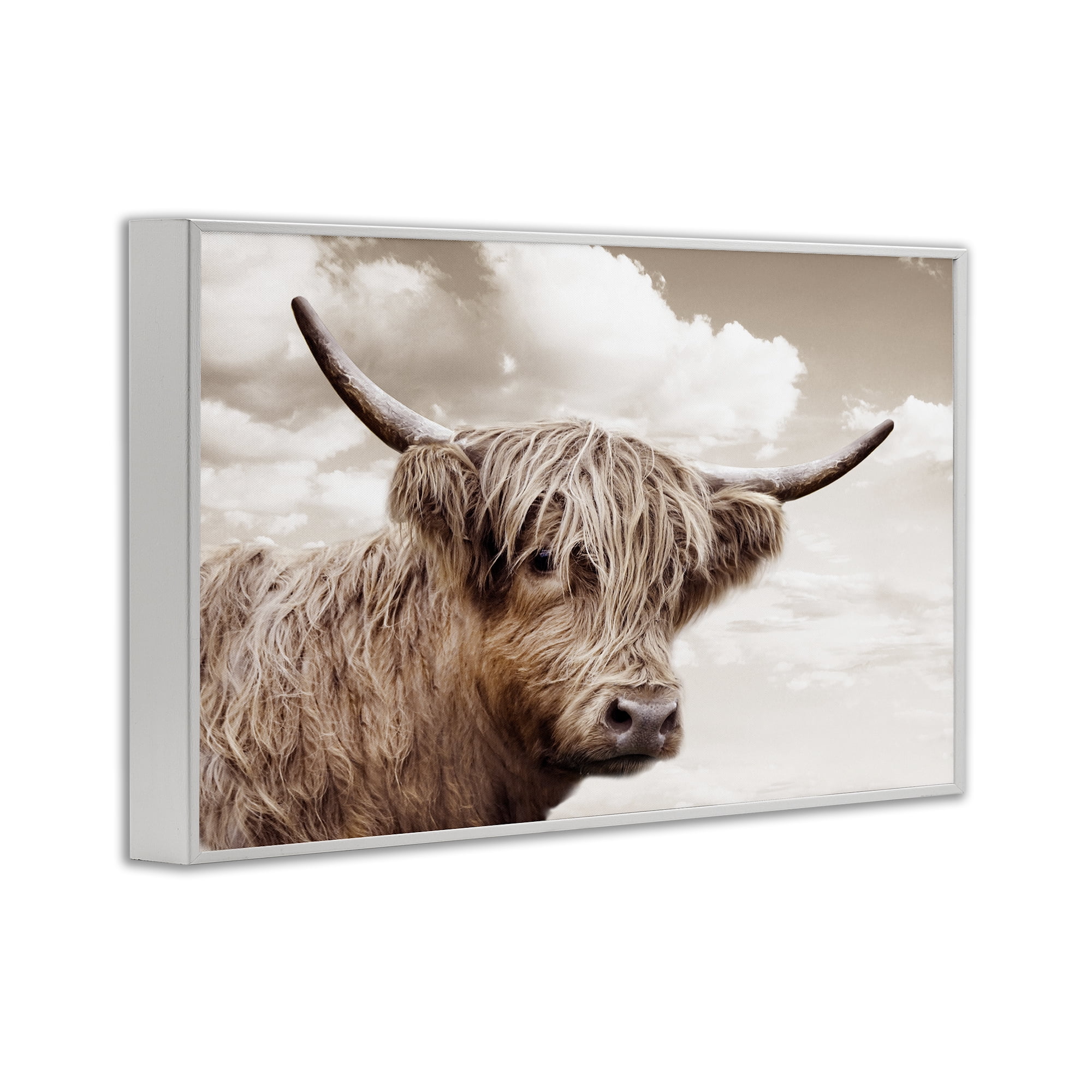 Stupell Industries Shaggy Highland Cow & Clouds White Framed Giclee Art, design by CAD Designs