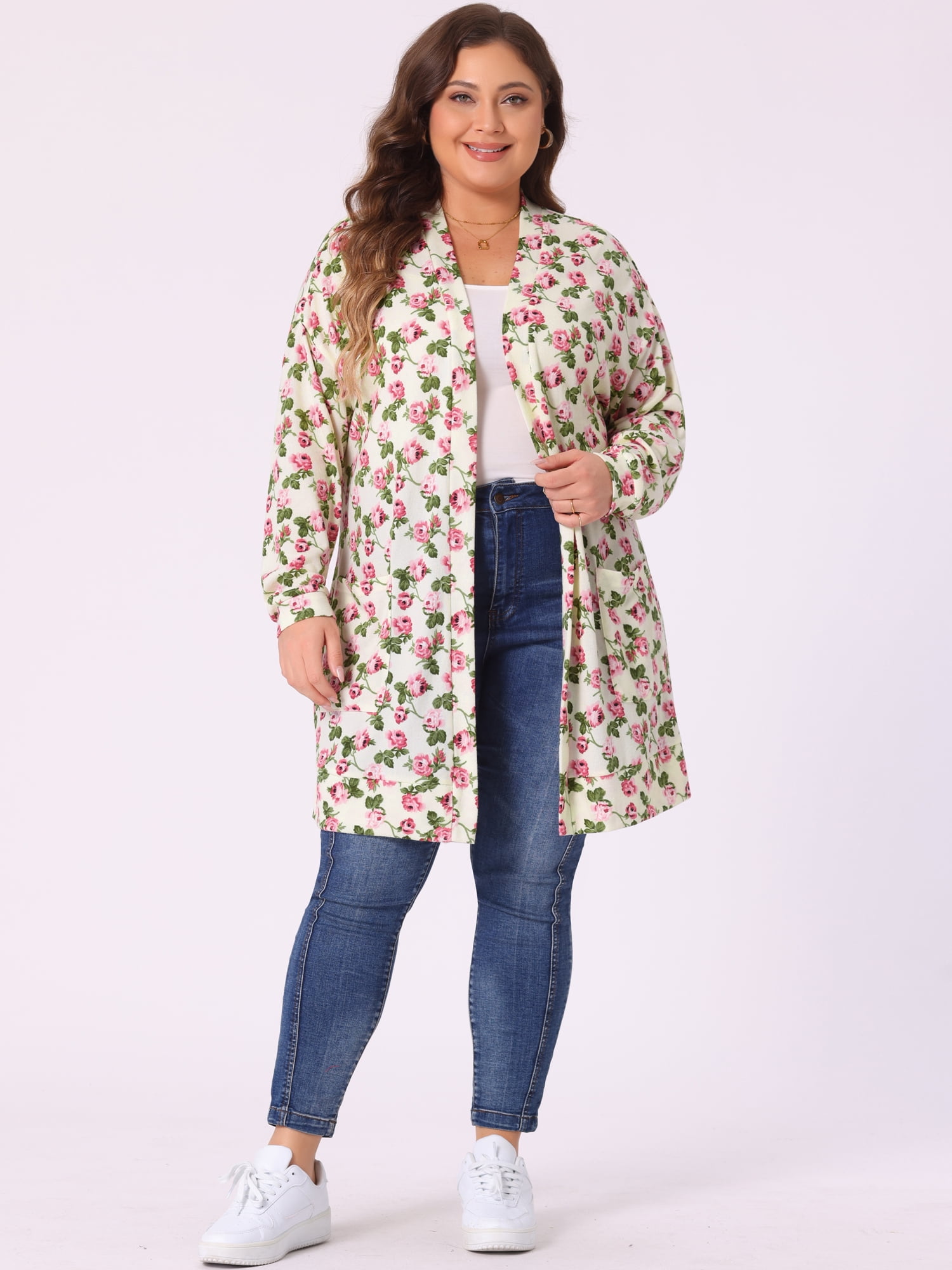DARING DIVA Plus Size Open Front Knit Fabric Floral Outerwear Cardigan 3X Beige