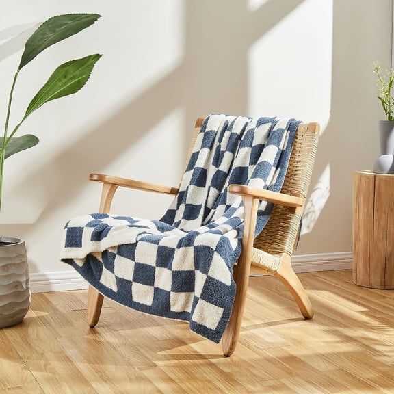 Super Soft Fullfy Microfiber Reversible Knitted Blankets, Warm Cozy Fuzzy Plush Throw, Dusty Blue and White Checkered Throw Blanket for Couch Bed Sofa, 50" x 60"