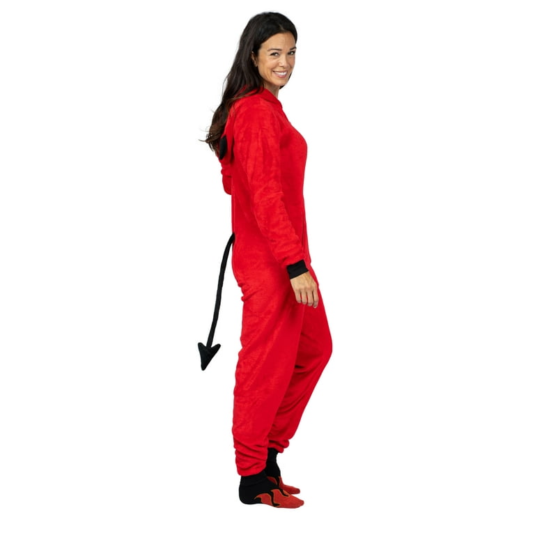 Prestigez Womens Family Devil Onesie Pajama Costume Union Suit Sleepwear With Hood Mask And Socks Red Devil Size Women XL