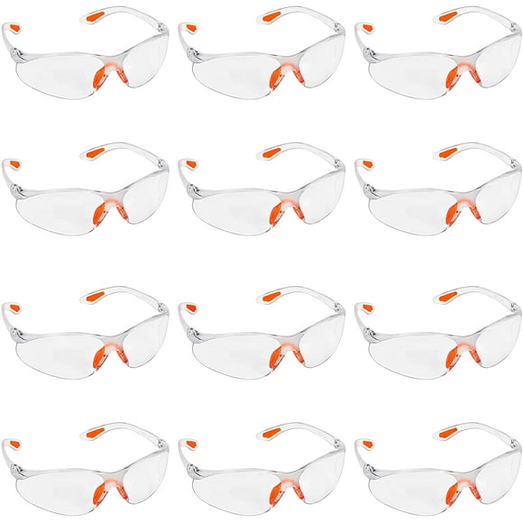12 Pack Clear Safety Glasses with Rubber Inserts on Nose and Ears for Safe Protection - Safety Glasses Safety Goggles Lab Goggles Scratch Resistant Lenses - PPE Safety Glasses