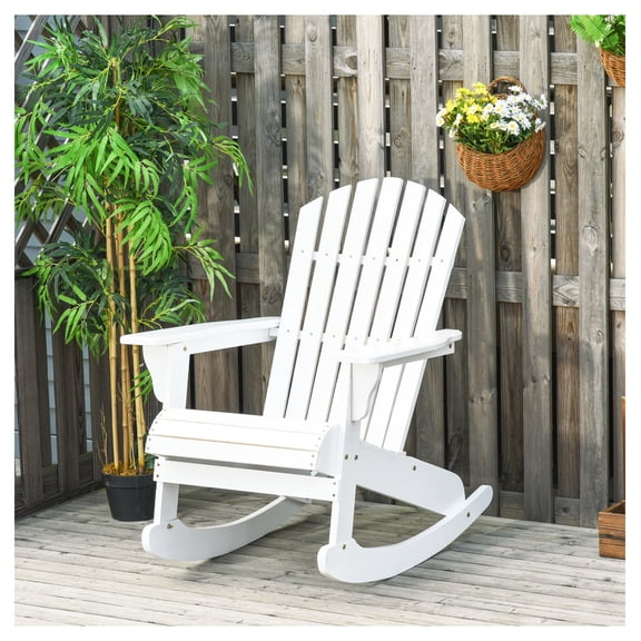 Adirondack Rocking Chair Outdoor Wood Rocker White - Fire Pit Patio Lounge Chair Slatted Design, Fanned Back, Heavy Duty 285lbs Capacity