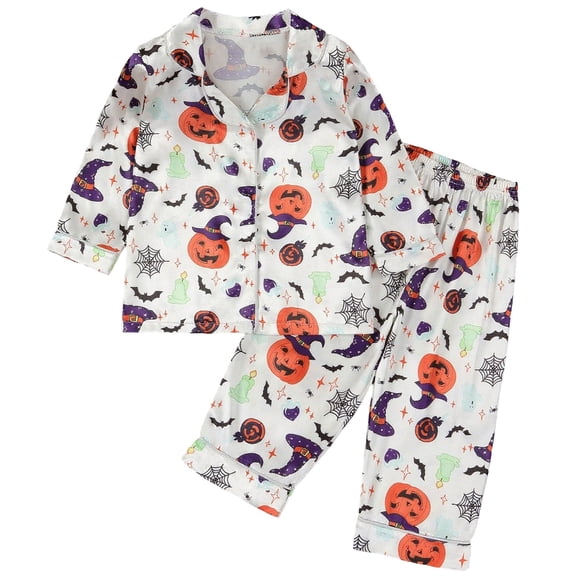 Tisuna Boys Halloween Pajama Set Soft Kids Sleepwear Pumpkin Printed Long Sleeve Outfit For Toddler And Comfortable Homewear White Size 18-24 Months