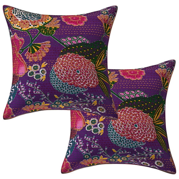 Stylo Culture Ethnic Sofa Throw Pillow Covers Kantha 24 x 24 Big Floral Purple Printed 60x60 cm Home Decor Cotton Tropicana Square Cushion Covers | Set Of 2