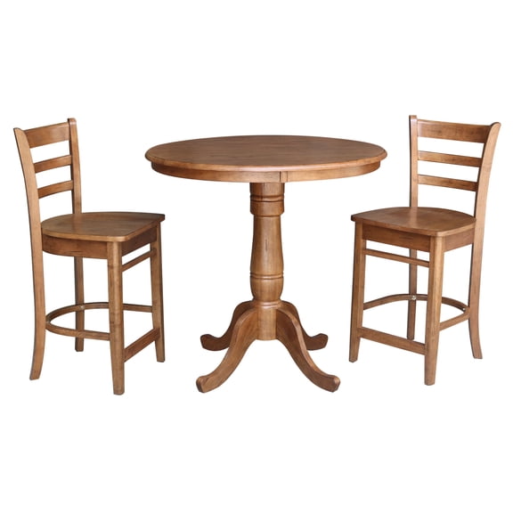 3-piece Solid Wood Counter Height Dining Set with 36'' Round Pedestal Table and 2 Emily Ladder Back Stools in Distressed Oak by International Concepts