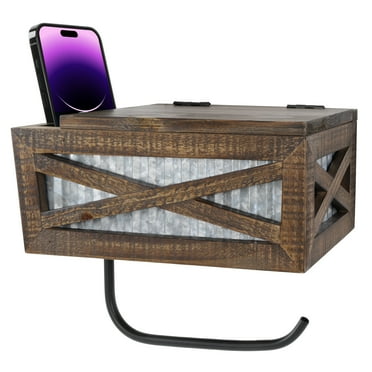 Autumn Alley Farmhouse Toilet Paper Holder with Lid - Rustic Toilet Paper Holder, 2 Compartments, Farmhouse Bathroom Country Decor - Wood, Galvanized & Black Metal - Adds Rustic Charm, Brown